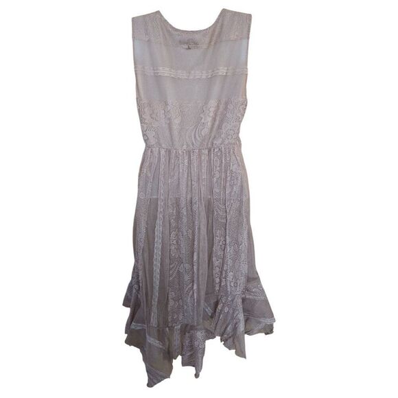 Boho Lace Ruffle Dress Beige Sheer V-Neck Sleeveless coquette elegant whimsical - Picture 2 of 7